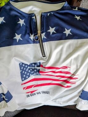 SHEIN Patriotic American Flag Zip-Front Long Sleeve Tee in Navy, White, Red